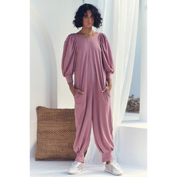 NWT FP Beach Jackie One Piece Jumpsuit M Smoked Roses Jumper Puff Sleeve - Picture 14 of 14